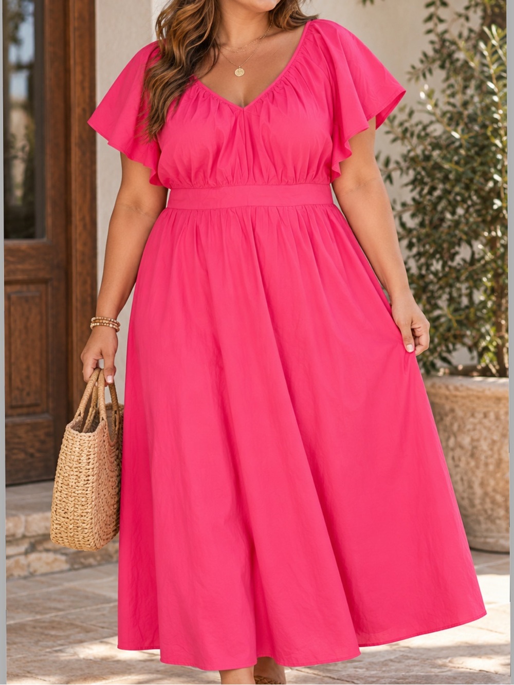 Ann Taylor Hot Pink V-Neck Flutter Sleeve Dress NEW